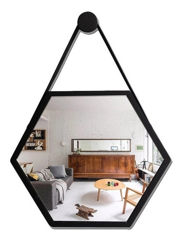 Espelho Adnet Hexagonal 40x40 Preto Com Alça De Couro       