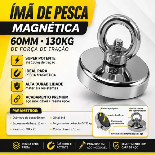 Imã Magnético 130kg 60mm Pesca + Mosquetão | MercadoLivre