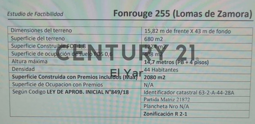 Imagen 2 de 2 de Lote Terreno De 680m2. Lomas De Zamora Pb+ 4 Pisos