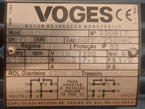Motor Monofásico 1,5cv 110/220v 3350rpm 2polos Voges B34d