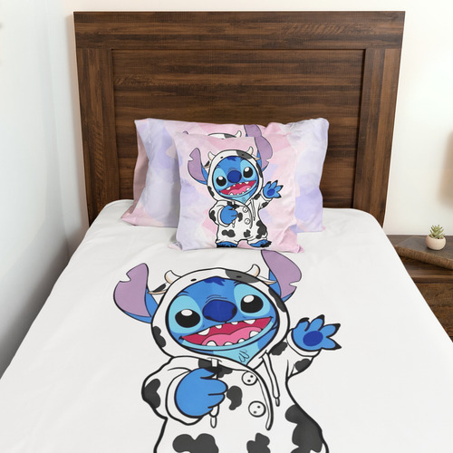 Jogo de Cama Solteiro Lençol com Elástico Branco Stitch Vaquinha Kit 2 Peças Quarto Criança Menina Fofinho Make Art