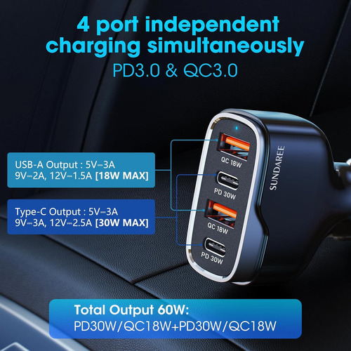 Cargador Rápido Usb-c De 4 Puertos Para Coche Con Enchufe, A