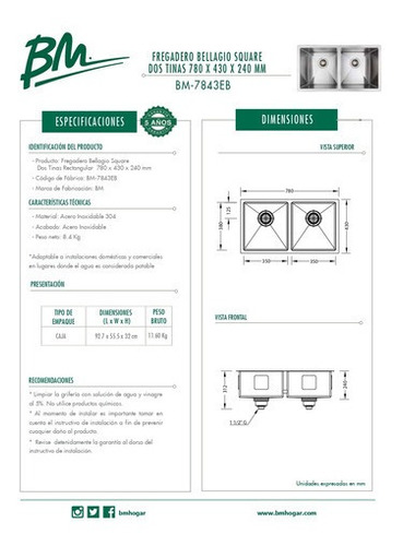Fregadero Acero Inoxidable Bellagio Square 2 Tinas Bm