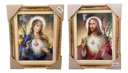 Quadro Decorativo Sagrado Coração Maria E Jesus 30x40cm Cor Colorido Cor Da Armação Dourado