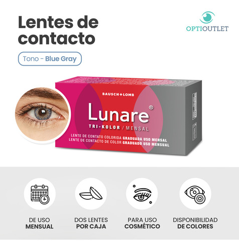 Lentes De Contacto Bausch Lomb Lunare | Color Azul Grisaceo Sin Graduación | Kit Optioutlet Incluye Estuche Con Espejo Y Solución De 60ml | Pupilentes De Colores Naturales De Duracion Mensual