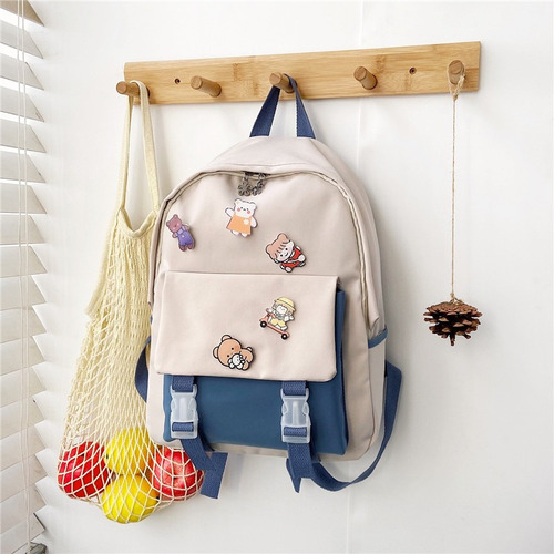 Mochila Escolar Importada Pines Dibujito Combinada Bolsillos Azul