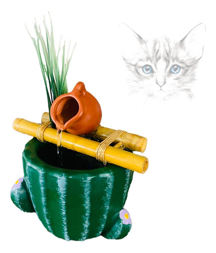 Fonte D'água Natural Bebedouro Gatos Com Base De Bambu Cacto