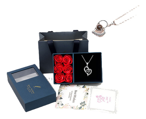 Collar  I Love You  Con 6 Rosas Rojas Caja De Regalo