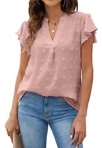 Top De Piel Con Cuello En V Y Mangas Con Volantes Fruncidos