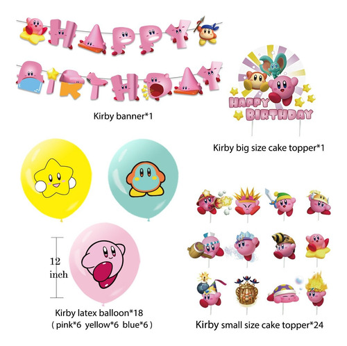 Set Cotillón Cumpleaños Kirby Globos Cupcake Guirnalda