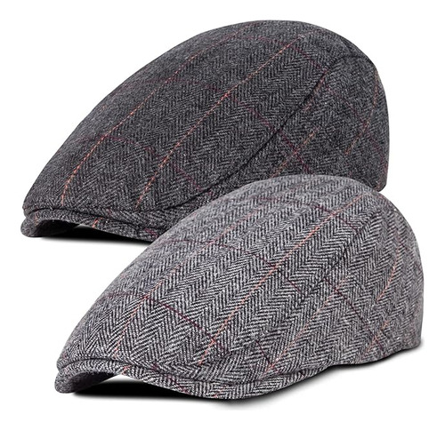 2 Pack Newsboy Hats Men Classic Herringbone Tweed Wool Blend