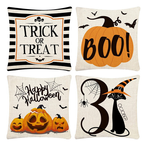 4 Fundas De Cojín Para Halloween Con Decoración De Calabaza