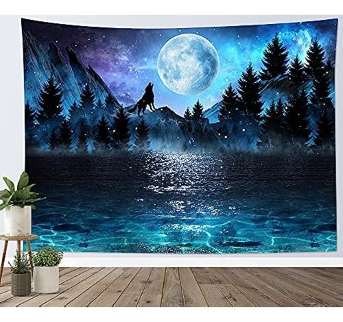 Lb Moon Over Ocean Tapestry Wall Hanging, Galaxy Wolf On Mou