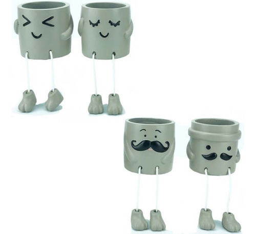 4 Vasos De Cimento Cachepot Kit C/ Pés Bigode Sorriso