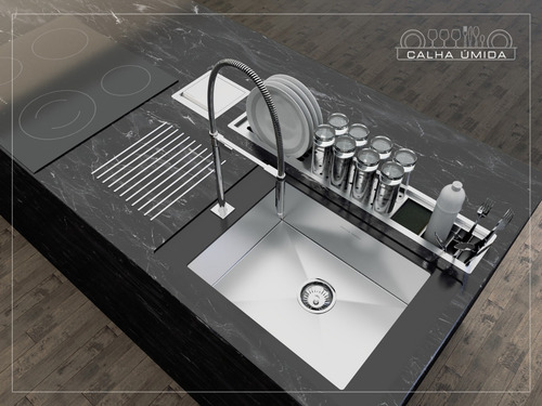 Calha Úmida Canal Equipado Escorredor Louça Inox Embutido