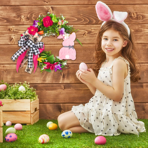 Corona Decorativa Pascua For Puerta Con Conejo Flores Hojas