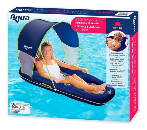 Flotador Alberca Inflable Sillón Reclinable Sombrilla Aqua Color Azul