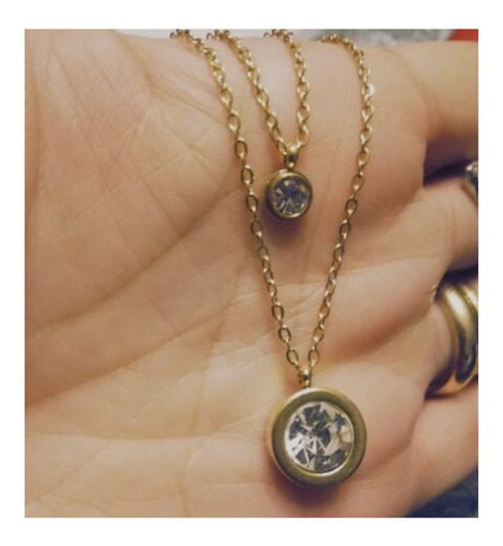 Imagen 6 de 7 de Collar Multicapa Mujer Doble Dije Cristales Acero Chapa Oro