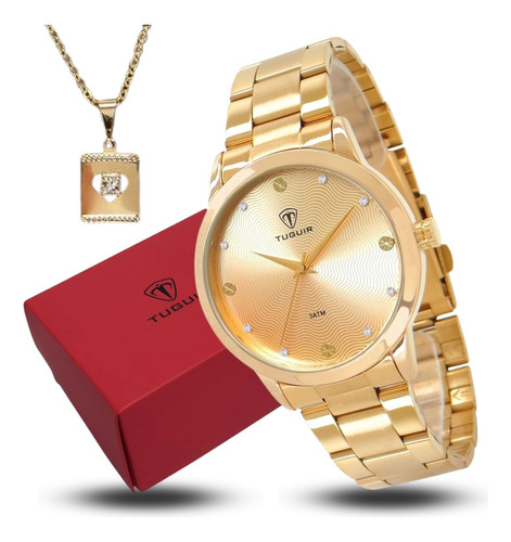 Relógio Tuguir Feminino Dourado + Colar Casual Original 