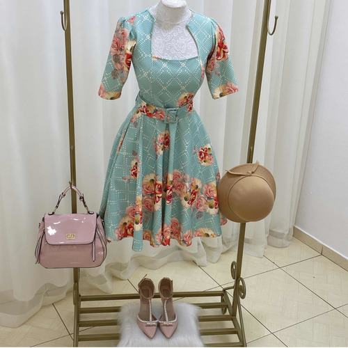 Imagem 2 de 7 de Vestido Social Evangelico Rodado Verde Claro Floral
