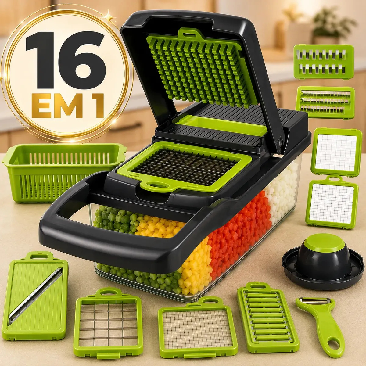 Cortador Fatiador Ralador de Legumes Sólar Frutas Vegetais Triturador Picador Manual 16 Peças para Cozinha Mandolin Inox
