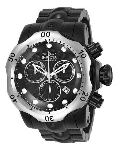 Relógio Invicta Venom 23897, cronógrafo, 53 mm, malha preta, moldura prateada, fundo preto