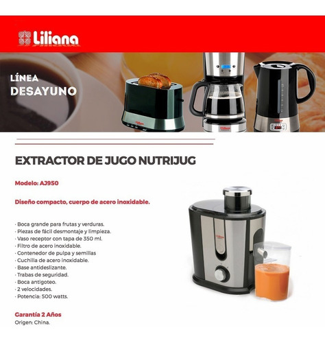 Imagen 3 de 6 de Juguera Extractor Jugo Liliana Nutrijug 500w Aj950