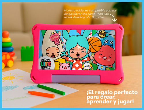 Tablet T-go Kids 8 Android 14 Con 2 Joysticks 4gb Ram 64gb Realidad Aumentada Funda Antigolpes Color Rosa Control Parental App Educativas Wifi Infantil Segura Divertida