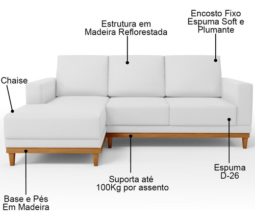 Sofá 3 Lugares 200cm Chaise Esquerdo Kayrós Sintético Branco