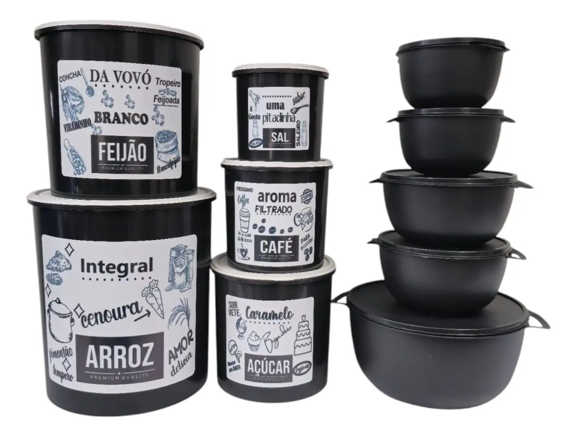 Jogo Mantimentos C/5 + Jogo De Potes Bowl 5 Vasilhas Cor Preto
