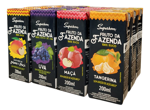 Suco de uva, maça, manga com maça, tangerina Fruto da Fazenda 100% SUCO líquido sem glúten 200 ml pack x 12