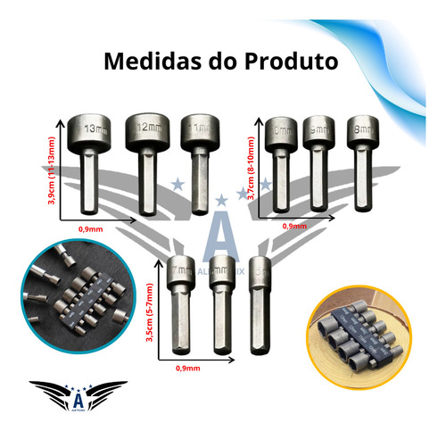 Jogo Chave Canhão Soquete Sextavado Aço Parafusadeira 9 Peças Kit Bits Sextavada Canhao Aletronix 5 6 7 8 9 10 11 13mm
