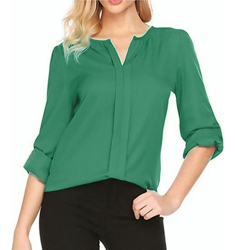 Blusa De Vestir Dama Elegante Formal Cuello V Manga Larga