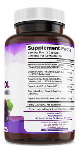 Suplemento Biodora Resveratrol 1600 Mg Con Té Verde 180 Cáps