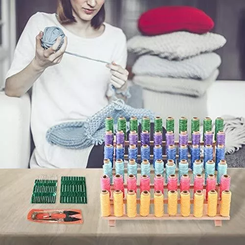 Embroidery Thread Holder, 60 Spools Holder Wooden Thread Rack Braiding Rack  With Needles Sewing Scissors Needle Threader For Embroidery Hair Separated
