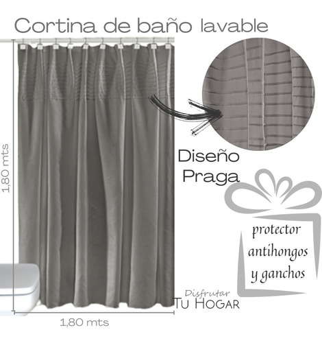 Imagen 2 de 9 de Cortina Baño Tela Ducha + Protector + Ganchos Praga Oregon