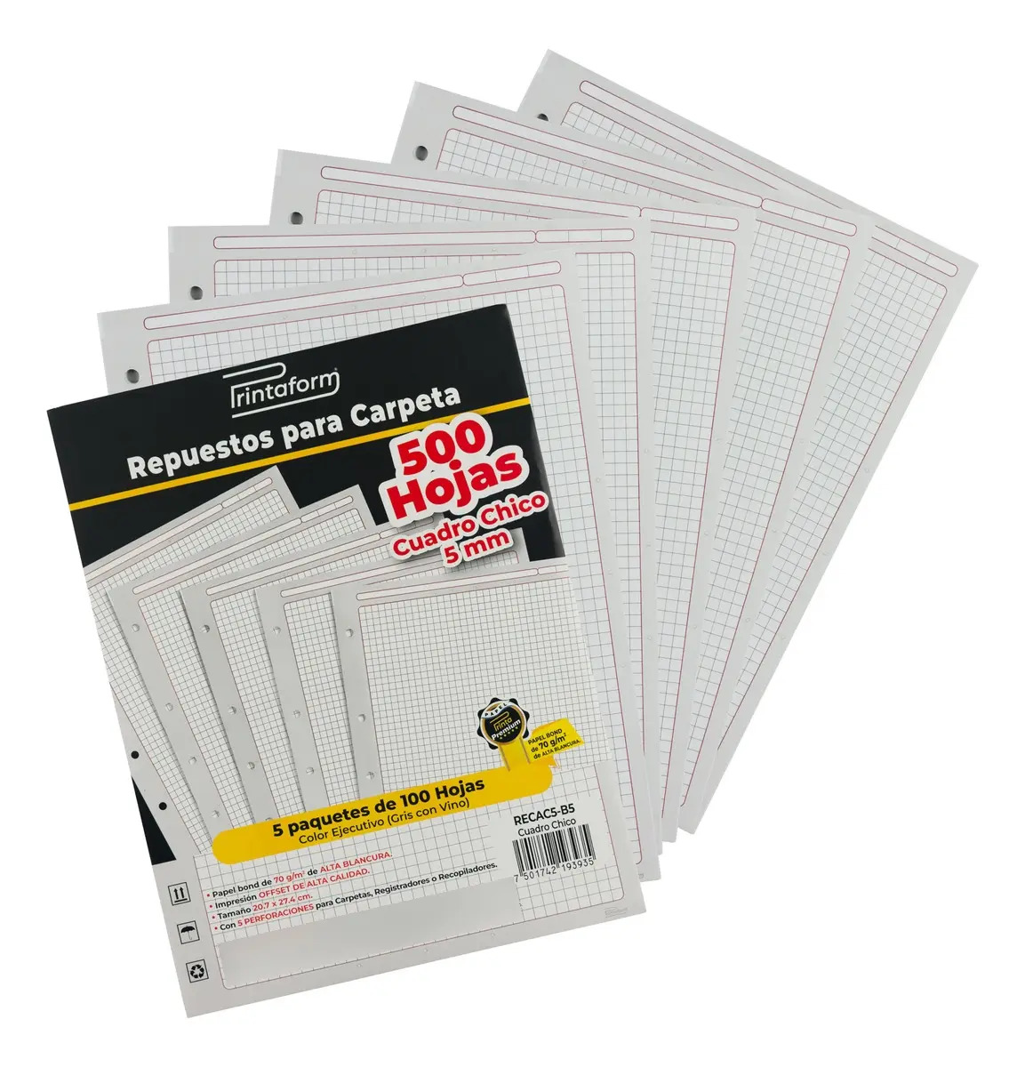 Hojas Cuadriculadas Printaform Carta con 5 Agujeros para 500 Unidades