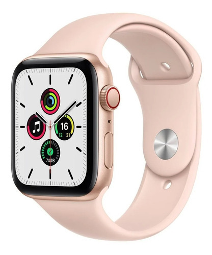 Apple Watch SE (GPS + Cellular, 44mm) - Caixa de alumínio dourada - Pulseira esportiva Rosa-areia
