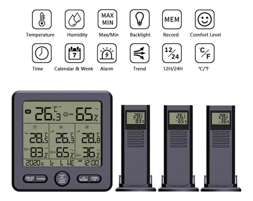 Y Para Termohigrómetro Digital Inalámbrico Con 3 Sensores