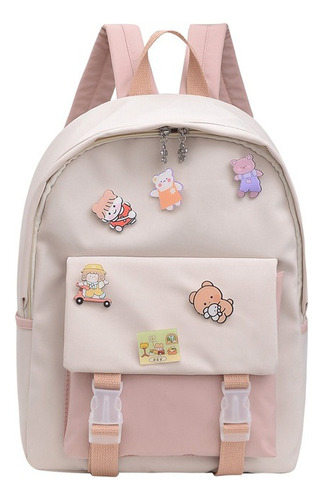 Mochila Escolar Importada Pines Dibujito Combinada Bolsillos Rosa
