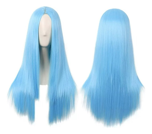 Peluca Sintética Lisa Para Cosplay Color Celeste Largo 60cm