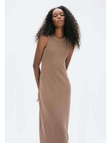 Vestido Midi Em Ribana Estonada - Marrom