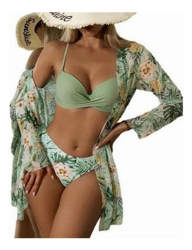 Conjunto Saída De Praia Quimono Feminino + Biquíni Florido -