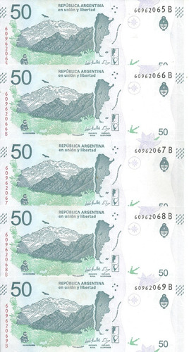 Lote: 5 Billetes 50 Pesos Condor Correlativos Serie. B