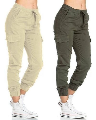 Pack X2 Pantalon Gabardina Cargo Dama Moda Elastizado