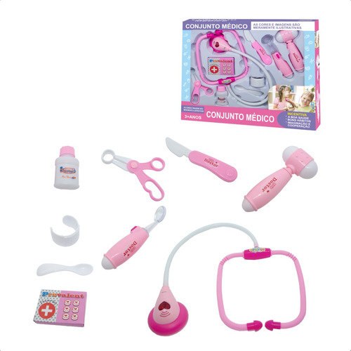 Brinquedo Kit Médico Rosa 9 Peças Interativo Com Luz