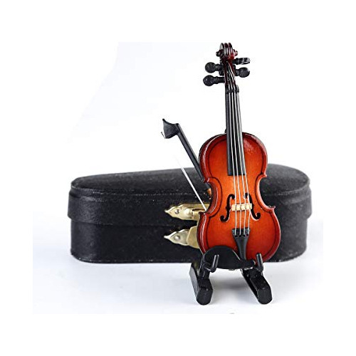 Seawoo - Violin En Miniatura De Madera Con Soporte, Arco Y E