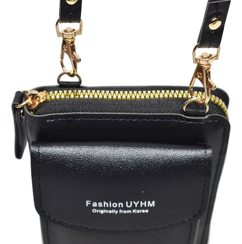 Cartera Bandolera Portacelular Tresher En Ecocuero Negro Lisa Dorado Negro