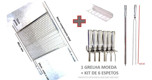 Grelha Moeda Profunda Grande + Kit De 6 Espetos 70cm Lamina