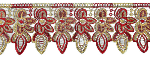 Tira Bordada En Organza 13cm X 9mts Varios Colores Mod 1308 Rojo Con Dorado